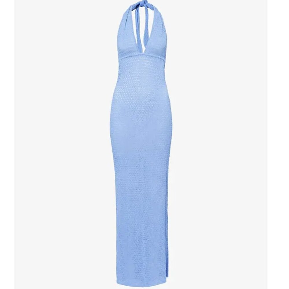Monday Swimwear Light Blue Crochet Halter Maxi Coverup